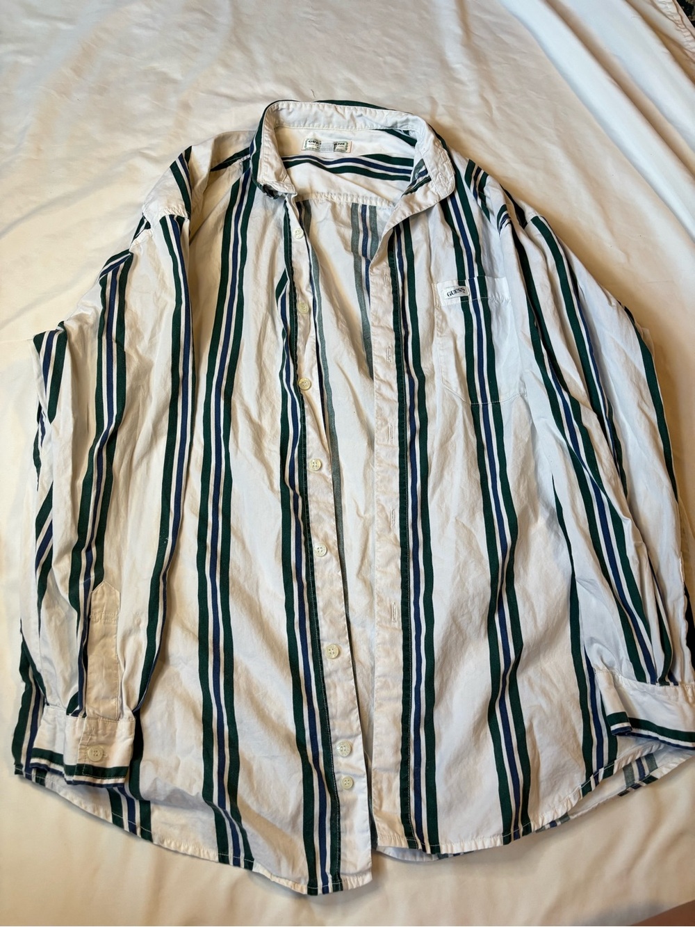GUESS Jeans Men’s M Striped Button Down Shirt Green Navy 100% Cotton